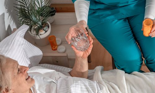 Nurse brought pills to elderly woman at her home. Solicitous professional medical female staff caring in a geriatric institution with a senior patient. Lifestyle nursing service.